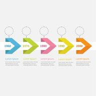 Infographic Timeline ive step ribbon arrow dashed circle text Flat