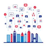 City social network Urban landscape filled with business icons N5