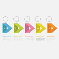 Infographic five step ribbon arrow dashed circle text Timeline Flat
