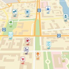 Vector city map with pin location pointers