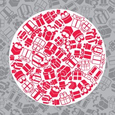 Gift boxes icon set with seamless pattern in background