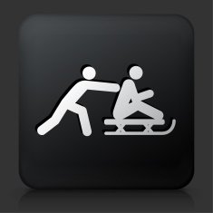 Black Square Button with Person Sliding on Sled