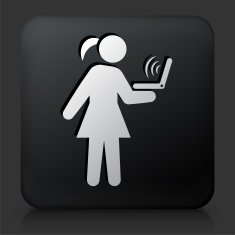 Black Square Button with Girl & Computer