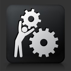 Black Square Button with Stick Figure Holding Gear N3