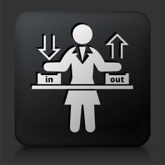 Black Square Button with Businesswoman In & Out