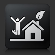Black Square Button with House and Happy Person Jumping