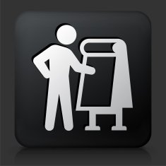 Black Square Button with Stick Figure & Paper