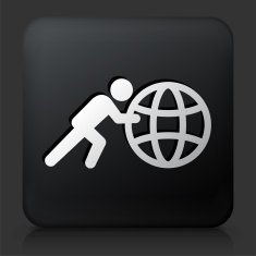 Black Square Button with Stick Figure Pushing Globe N3