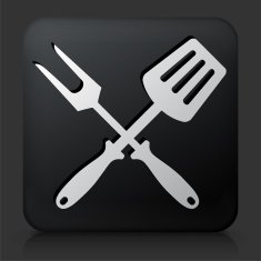 Black Square Button with Grilling Utensils Icon N4