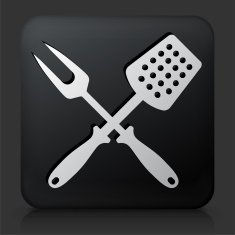 Black Square Button with Grilling Utensils Icon N5