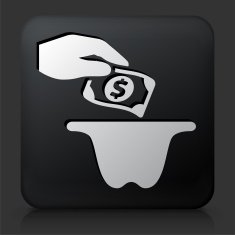 Black Square Button with Hand Giving to Charity