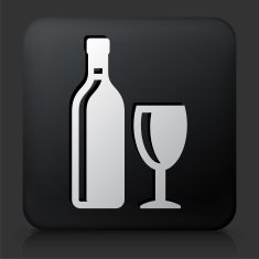 Black Square Button with Wine Bottle & Glass