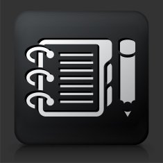 Black Square Button with Binder and Pencil