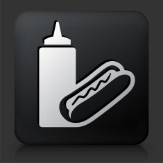 Black Square Button with Hotdog & Mustard