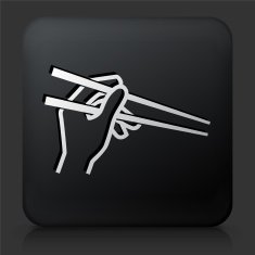 Black Square Button with Hand Holding Chopsticks