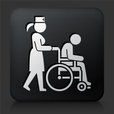 Black Square Button with Patient on Wheelchair and Female Nurse