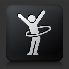 Black Square Button with Stick Figure Hula Hooping