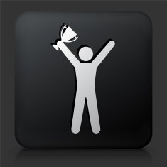 Black Square Button with Stick Figure Holding a Trophy