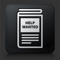Black Square Button with Help Wanted Paper