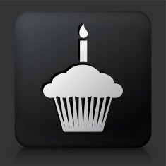 Black Square Button with Birthday Cupcake Icon