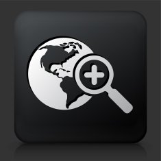 Black Square Button with Globe & Magnifying Glass