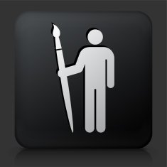 Black Square Button with Stick Fugure Holding Brush