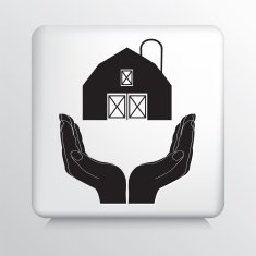 Square Icon With Two Hands Cupping a Barn and Silo