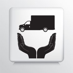 Square Icon With Two Hands Cupping a Freight Truck Silhouette