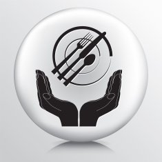 Round Icon With Two Hands Cupping a Plate and Silverware