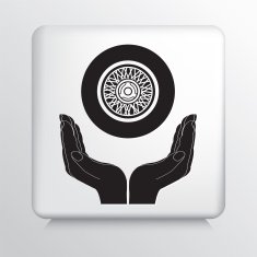 Square Icon With Two Hands Cupping a Vehicle Wheel