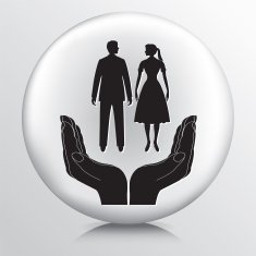 Round Icon With Two Hands Cupping a Retro Couple Silhouette