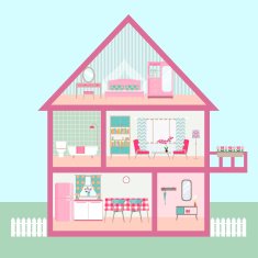 flat rose Dollhouse section with interior living room vector illustration