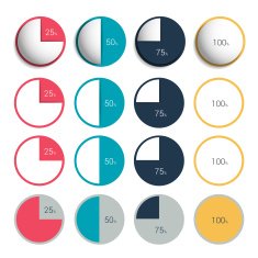 Set of 3d plastic and flat circle round charts graphs