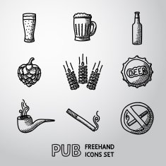 Pub beer handdrawn icons set Vector N2