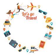 Couple run with Travel Objects Icons Round Frame
