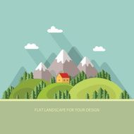 Landscape Houses in the mountains among trees Flat style N9