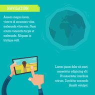 Vector infographic illustration navigation via tablet in flat cartoon style