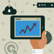 Concept of hand holding tablet with statistic app N2