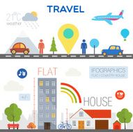 flat travel and country house with infographic icons