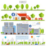 flat forest and country house with infographic icons