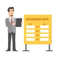 Businessman standing near exchange and holds tablet