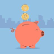 Dollar coin drop to piggy bank