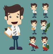 Set of businessman characters poses with charts