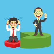 Happy and disappointed businessmen standing on pieces of pie chart