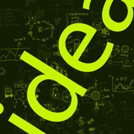 inscription &ldquo;idea&rdquo; with formulas on the background