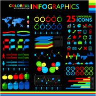 Colorful infographic set on black background and 25 universal icons