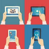 Set of hands holding different business objects with tablet Vector