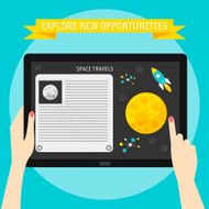 hands holding tablet and pointing on screen with cosmic website