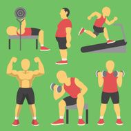 Men training in gym and bodybuilding icons
