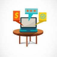 Tablet with icon on wood table - vector illustration